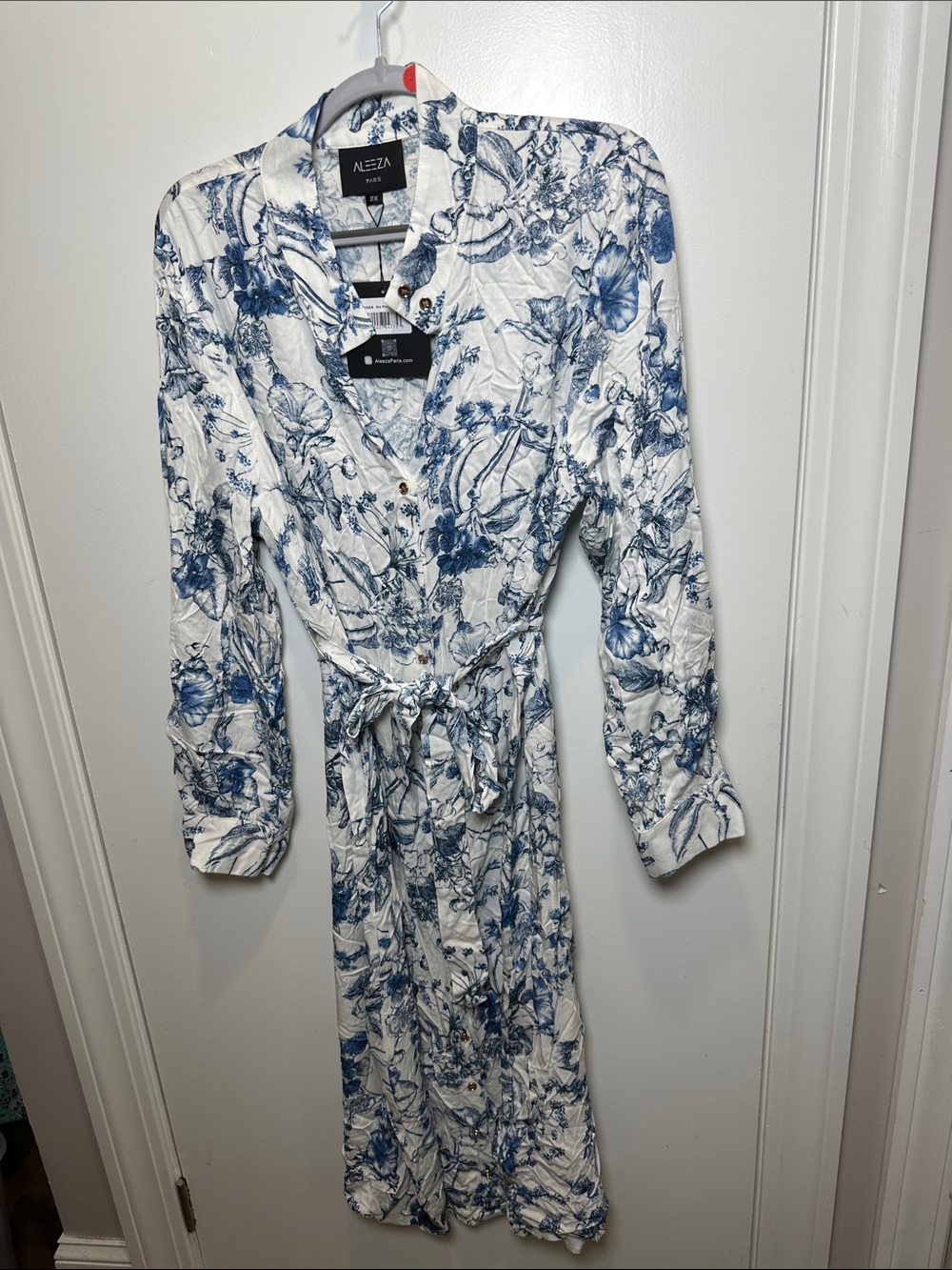 Allegra K White and Blue Floral Long-Sleeve Tie-Waist Dress (50)